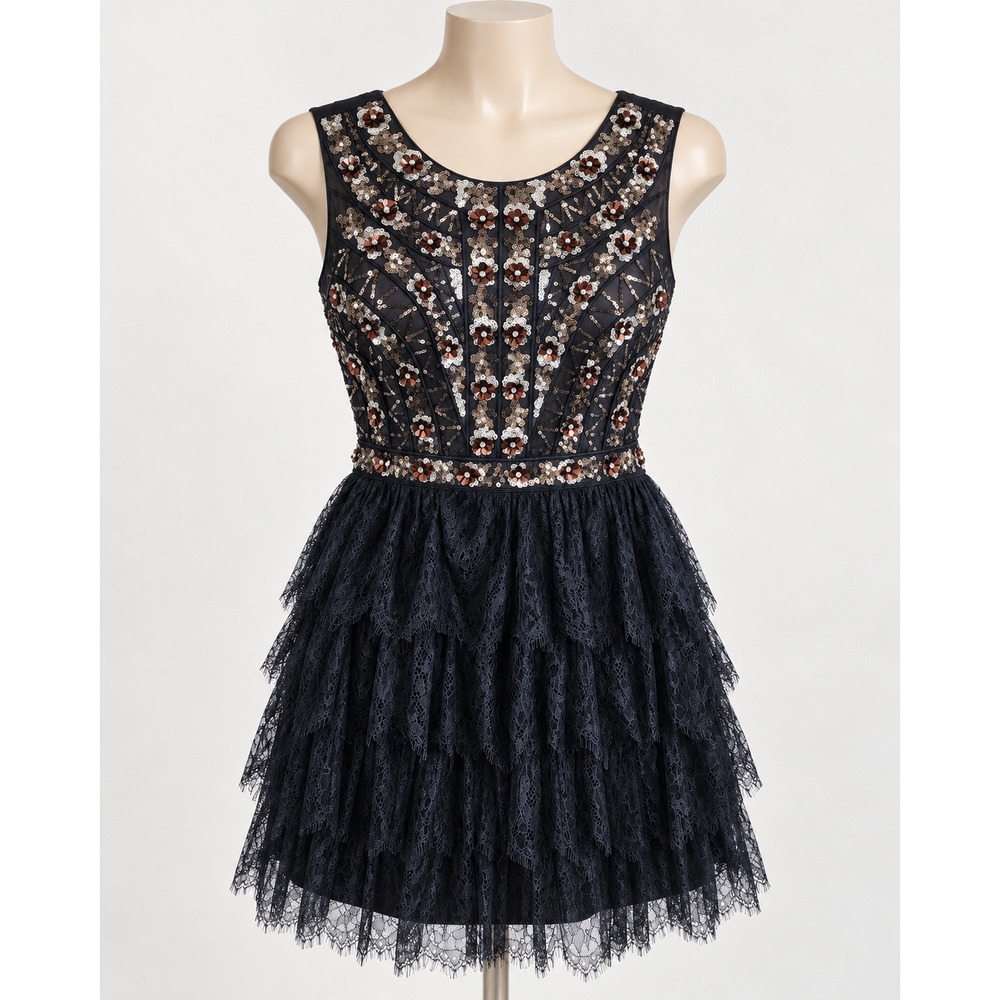 Bebe Black Sequin Floral Embellished Tiered Lace Ruffle Mini Cocktail Dress 10